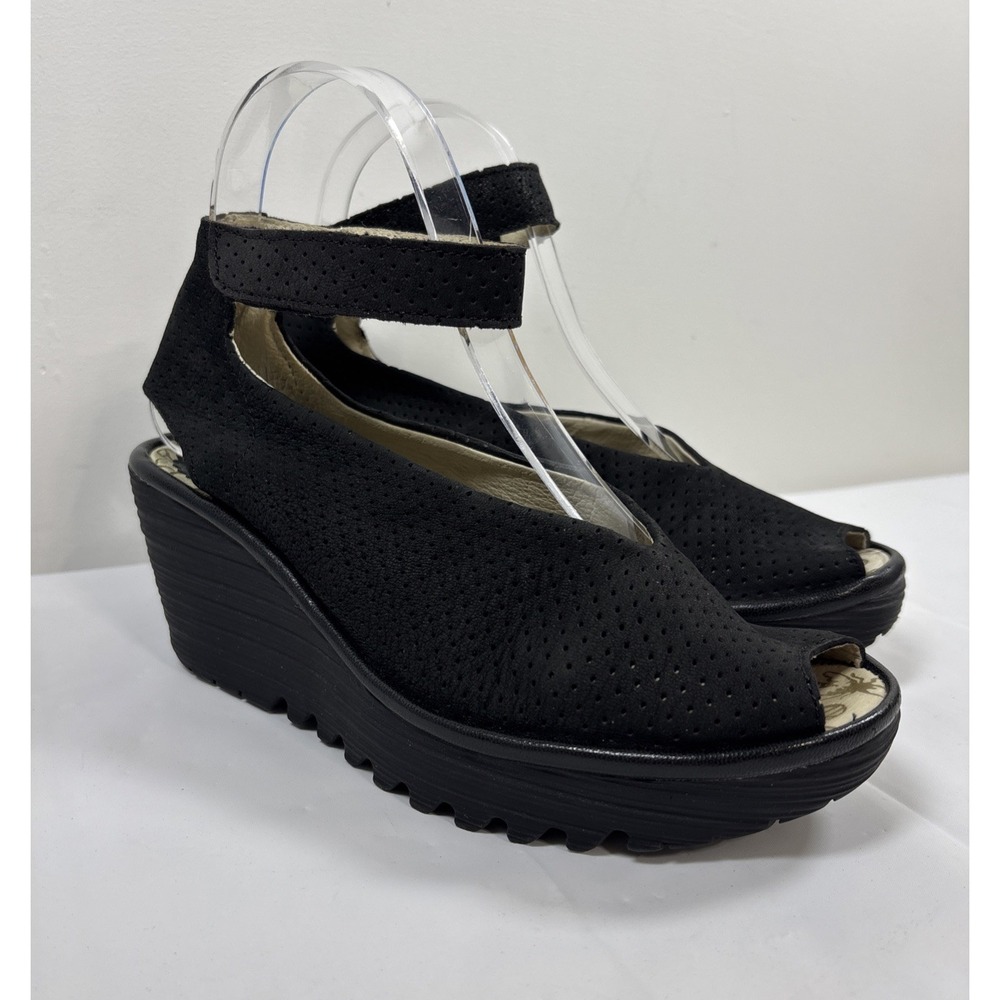 FLY London Yala Womens 37 Strappy Black Perf Leather Ankle Strap Wedge Sandals
